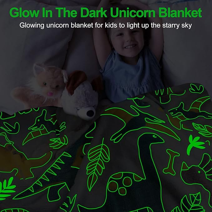 Glow in The Dark Dinosaur Blanket for Boys - Soft Fleece Throw for Kids, Toddlers - Dinosaur Gifts, Birthday Present - 50"x60"