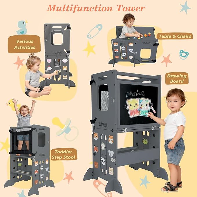 Toddler Kitchen Stool Helper, CPC Certified Foldable Toddler Tower, Learning Wooden Tower with Support Feet and Chalkboard, Anti-Drop Structure, Safe Design for Kids, Grey
