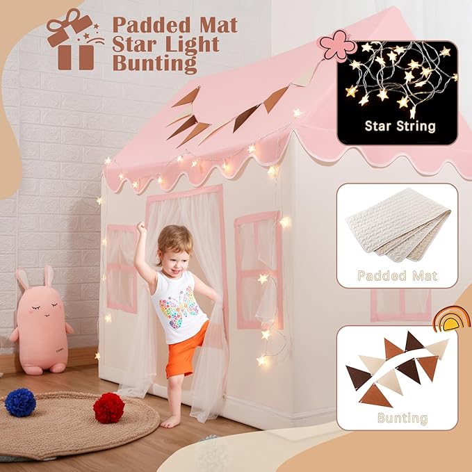 Kids Play Tent with Non-Slip Mat, Star String, Decorating Flag, Machine Washable Large Playhouse, Indoor and Outdoor Play Tent for Kids, Pink, 47" x 40" x 52"