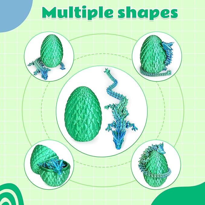 Large Dragon Eggs with Dragon Inside, 3D Printed Surprise Funny Gifts for Kids, Articulated Dragon Fidget Toys for Adults, Executive Desk Toys Office Room Décor (Christmas Green)