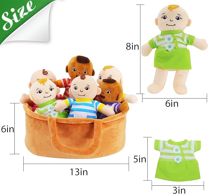 Basket of Babies Plush Dolls, 8" Plush Diversity Baby Dolls- 6 Piece Set Interchangeable Clothes Stuffed Plush Figures for All Ages Easter Gift