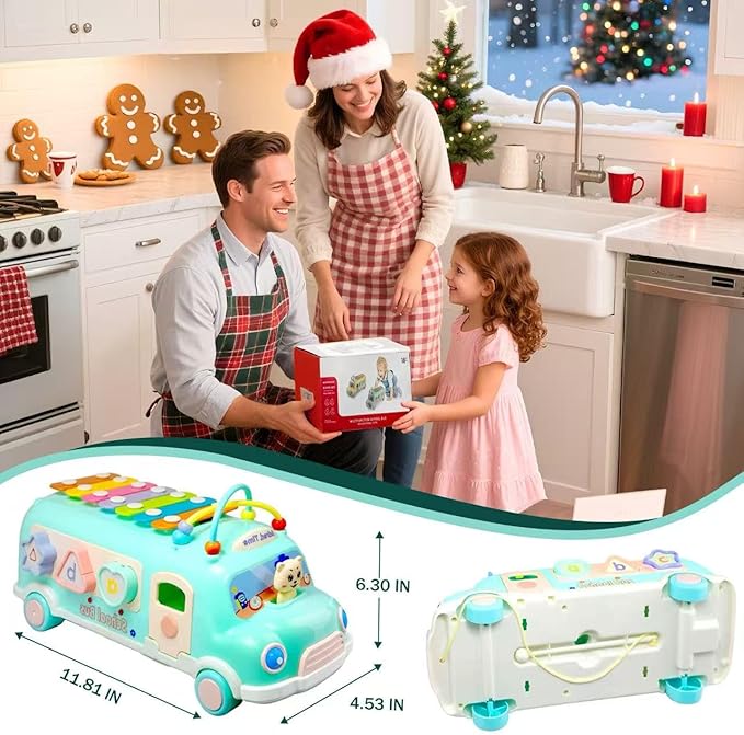 Baby Bus Xylophone Toys for 1 Year Old Girl Gifts, 5-in-1 Montessori Baby Musical Bus Toys for Toddler 1-3, Shape Sort Educational Early Learning Toy 1st First Birthday Gifts for Girls Boys