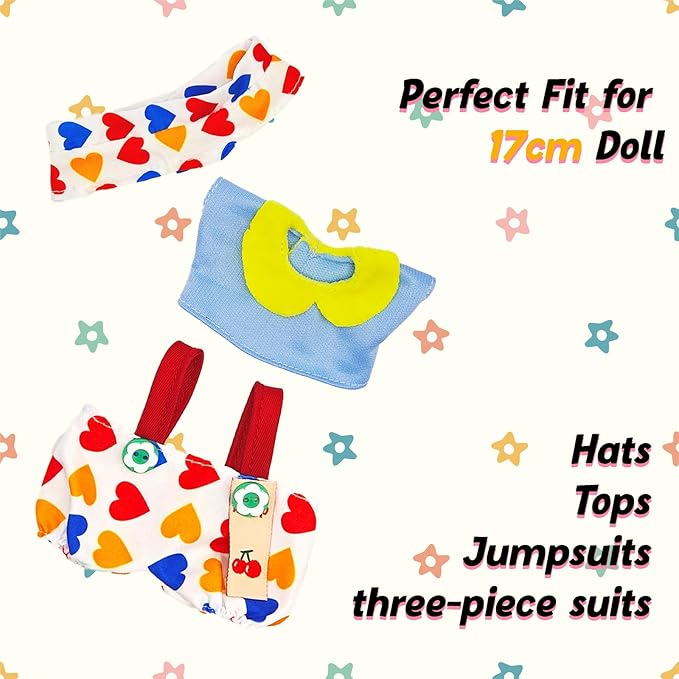 Clothes for 17cm Doll, 3 PCS Cute Love Hat & Jumpsuit Set, Dress up Outfit Exquisite Accessories for Dolls