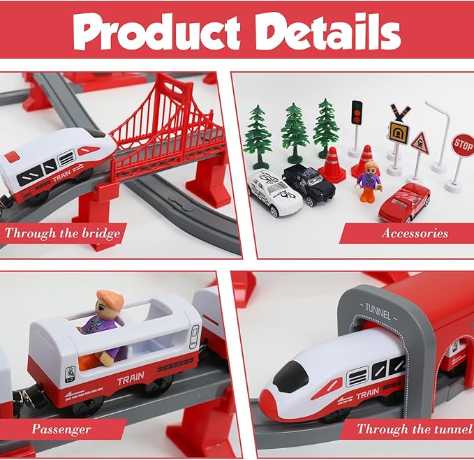 Train Sets for Toddlers, 104 Pcs Trains Toy with Battery Operated & Tracks (Magnetic Connection), Compatible with Thomas, Brio, Christmas Toy Gifts for 3 4 5 6 7 8 Years Old (Red 104PCS)