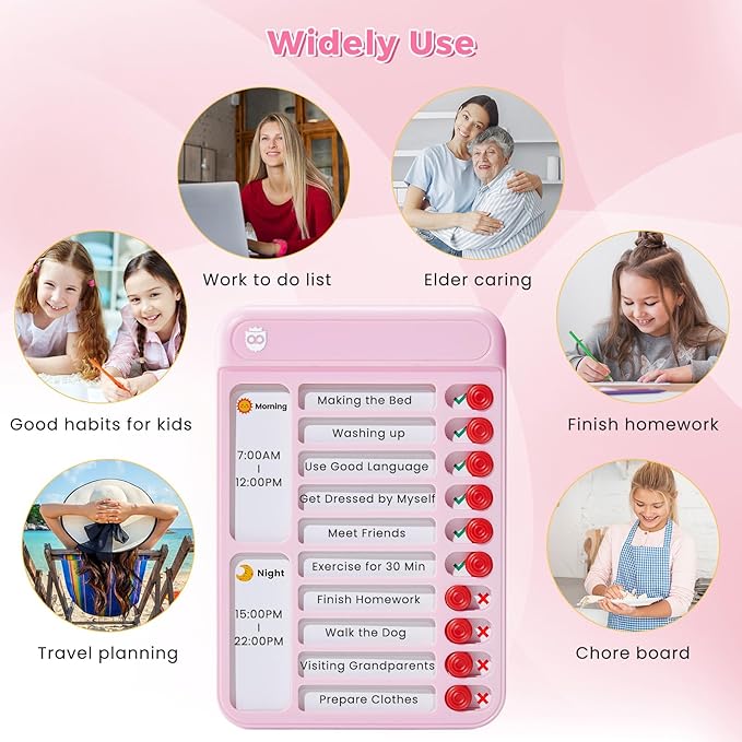 Chore Chart for Kids, Visual Schedule for Kids with Autism, Chart Board with 12 Reusable Sheets, Routine Chart Dry Erase Board for Kids, Magnetic Chore Chart for Fridge, Desk, Home - Pink
