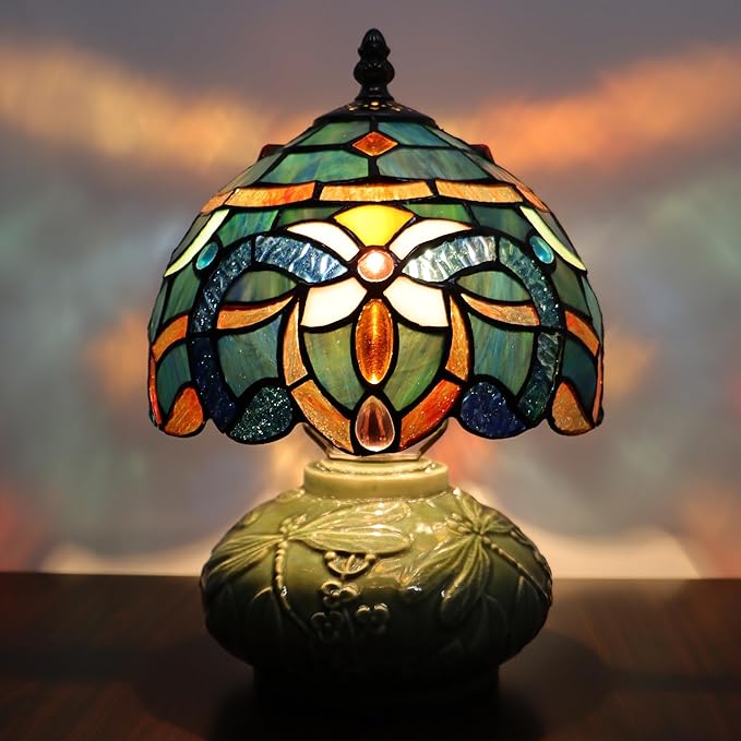 Small Tiffany Lamp Mushroom Table Lamp, Mini Stained Glass Desk Light Memory Sympathy Ceramic lamp 8X11 Inch (Blue Baroque Style)