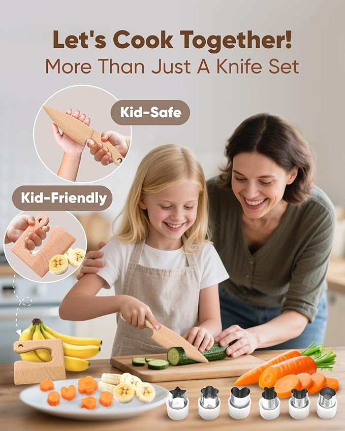 Wooden Safe Real Cooking Tool Set for Kids Toddler Teen – Montessori Kitchen Accessories & Utensils for Little Chef, with Children Proof Knife & Baking Kit, Youth Friendly Culinary Kit for Girl & Boy
