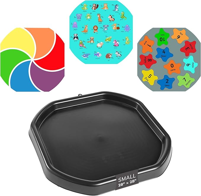 MEKA Tuff Tray with 3 Play Mats, Sensory for Kids Alphabet, Numbers, Color Themes, Indoor Outdoor Use, Home or Classroom (Black, Small 28" x 28")