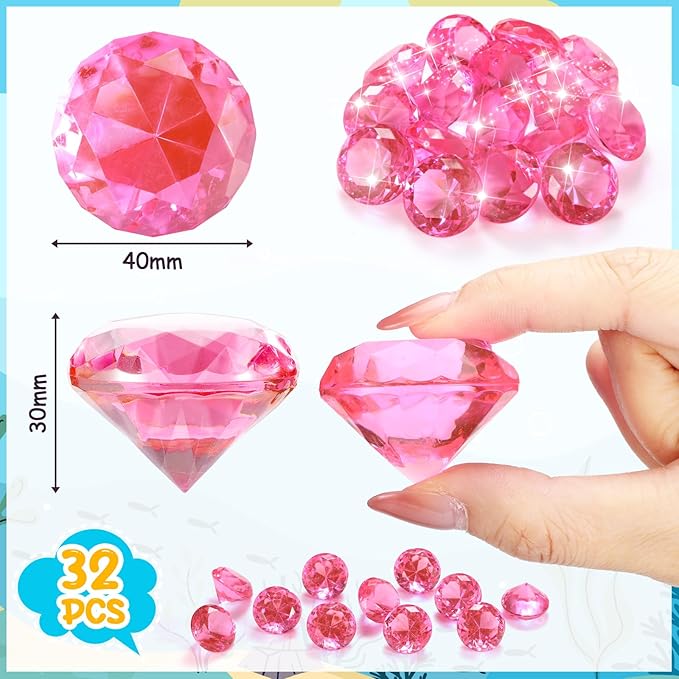 Zomiboo 16 Pcs Acrylic Diamond Large Gems Pirate Round Treasure Toy Gems Treasure Round Gemstones Acrylic Diamond Shaped Gemstones for Home Table Vase Fillers Party Decor (Pink)