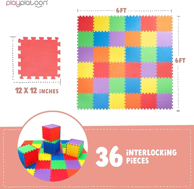 Non-Toxic Extra-Thick 36 Piece Children Play & Exercise Mat - Comfortable Cushiony Foam Floor Puzzle Mat, 6 Vibrant Colors for Kids & Toddlers