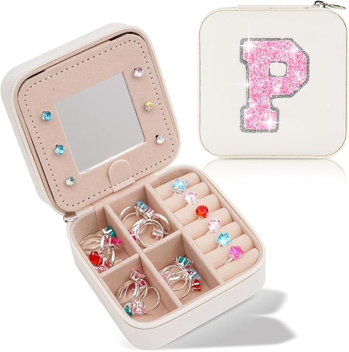 Travel Jewelry Case - Personalized Jewelry Box for Women,Small Jewelry Organizer Cute Jewelry Organizers and Storage Aesthetic,Travel Essentials Birthday Gifts for Girls Women | Cream,P
