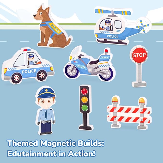 Police Theme Magnetic Tiles (42PCS),STEM Toys with Police Car & Helicopter, Preschool Learning Building Set for Ages 3-8, for Boys Girls(Dog, Traffic Light)