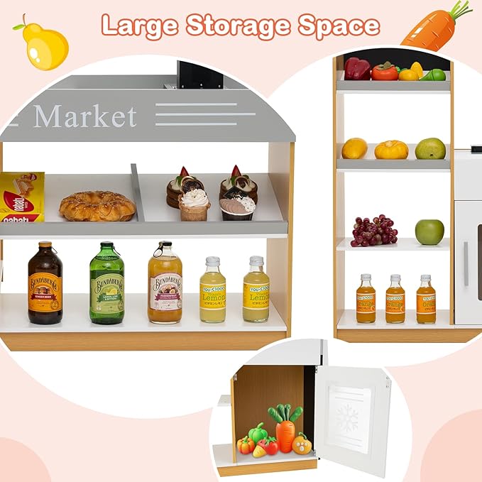 HONEY JOY Kids Grocery Store Playset, Wooden Play Store with Shopping Cart, Toddler Supermarket Checkout Stand w/Blackboard, Display Shelves, Grocery Store Pretend Play, Gift for Boys Girls, Natural