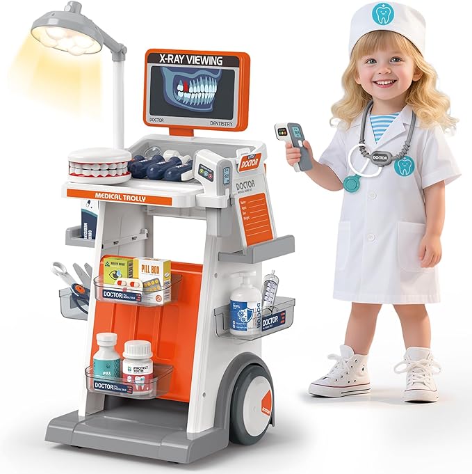 Dreamon Doctor Kit for Todders 3-5 Pretend Play Toys - 29 Pcs Kids Dentist Cart Play Set with Light and Costume - Role Play Medical Toy for 3+ Year Old Boys and Girls Christmas Birthday Gifts