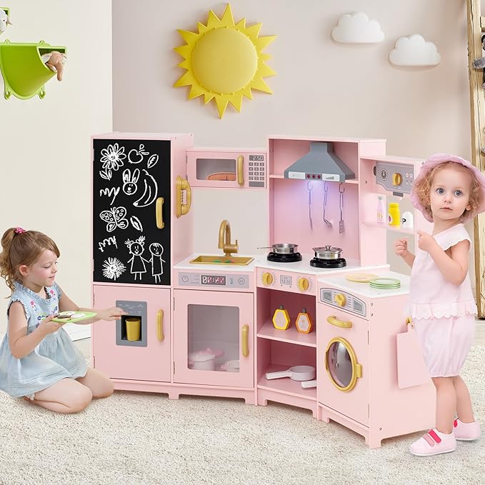 GLACER Corner Wooden Play Kitchen for Kids, Large Pretend Play Kitchen Playset with Sound, Light, Chalkboard, Microwave, Ice Maker, Washing Machine, Accessories, Toy Kitchen Set for Ages 3+ (Pink)