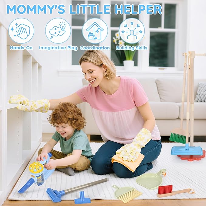 Dreamon Wooden Toddler Cleaning Set - 11Pcs Kids Cleaning Toy Set with 3-in-1 Kids Vacuum That Really Works, Montessori Cleaning Toys with Broom and Mop Set for Toddlers Girls Boys Age 3-6