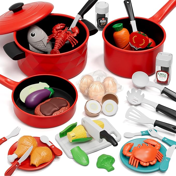 Lehoo Castle Play Kitchen Accessories, Play Pots and Pans Sets for Kids Kitchen, Play Food Sets for Kids, Toddler Cooking Set with Utensils, Toy Foods for Toddlers 3-5, Toys for 3+ Years Old Girls