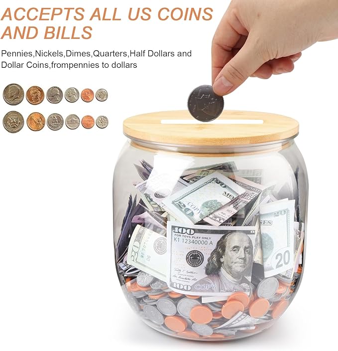 Large Clear Coin Bank Jar with Slotted Lid, Half Gallon Reusable Money Tip Change Savings Coin Jar for Coin or Raffle Ticket, Big Clear Money Coin Tip Piggy Change Bank Box for Adults Teens