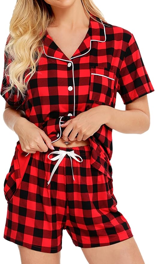 SWOMOG Womens Button Down Pajamas Set Short Sleeve Sleepwear Bride Soft Pj Lounge Sets XS-3XL