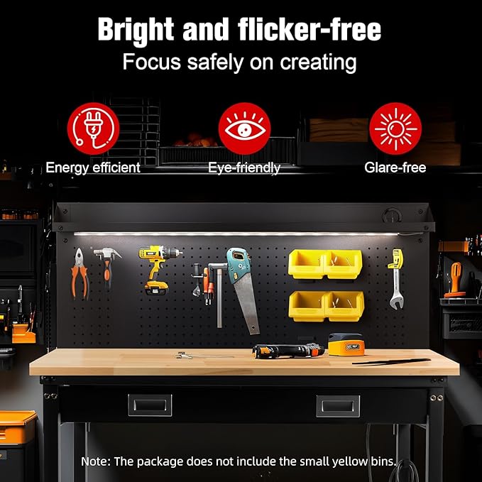 60" Workbench with Drawers, Work Benches for Garage with Strip Light, Adjustable Work Table with Large Pegboard, 2000 LBS Heavy Duty Table with Power Outlet Rubber Wood for Garage, Office