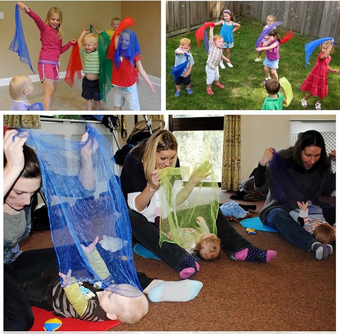 Dance Scarves for Kids 12 Pcs Music Scarves Dance Scarf Play Scarves for Children Movement Square Juggling Silk Tricks Scarves Rhythm Band Scarves(6 Colors,24" x 24")