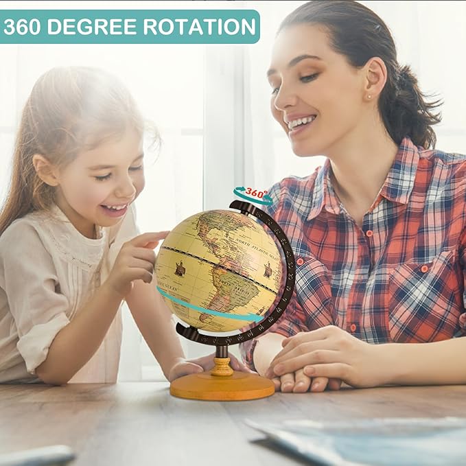 Vintage Mini World Globe for Adults Kids,Dia 5.5" with Wooden Stand Metal Frame,Antique Color Decorative Desktop Globe for Home Office Decor,Educational Geographic Globe for Kids Learning