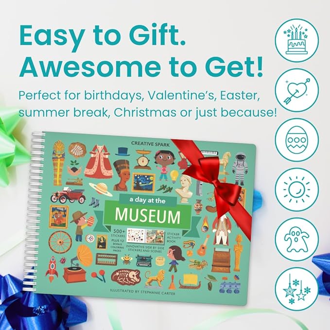 CUPKIN Sticker Book for Kids 2-4, 500+ Kids Stickers, A Day at The Museum 12 Coloring Pages 12 Side by Side Scenes, Fun Toddler Travel Activity Coloring and Sticker Books for Ages 4-8 + 8-10
