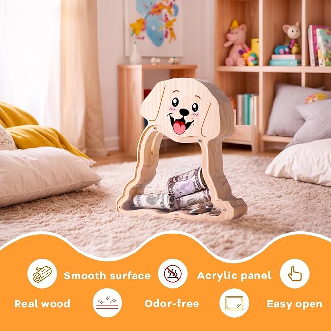 Wooden Dog Piggy Bank for Kids with Letter Sticker, Cute Labrador Wood Money Box, Unbreakable Coin Bank for Boys, Girls, Money Jar Personalizable Birthday Gift, Educational Toy for Kids