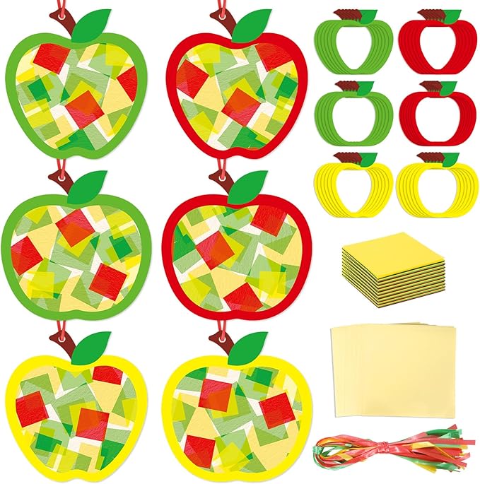 Qyeahkj 36 Set Fall Apple Suncatchers Crafts for Kids DIY Autumn Window Tissue Paper Craft Kit Hanging Decor for Classroom Home Activity Art Project Birthday Party Favor Gift