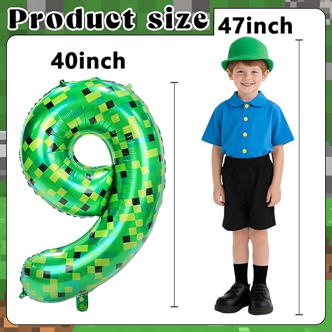 40in Pixel Giant Number 9 Balloon Birthday Decorations, Miner Theme Green Foil Balloons Blast Gaming Party Supplies