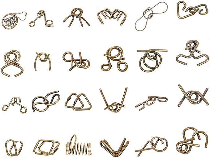Ahyuan Metal Wire Puzzle Set of 32 with Pouch Large Thick IQ Test Mind Game Toys IQ Toys Brain Teaser Metals Wire Puzzles Magic Trick Toy Metal IQ Puzzle for Party Favor Kids Adults (Bronze)