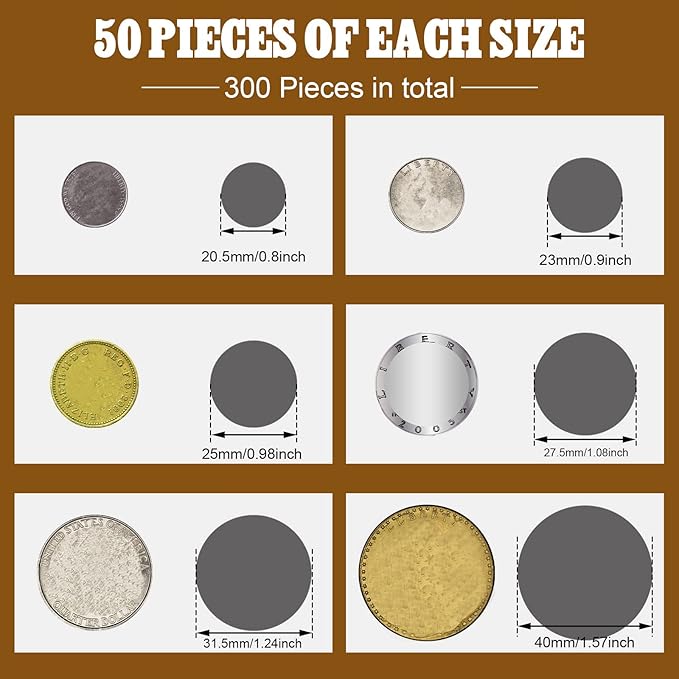 Teling 303 Pieces Coin Flips 3 Pcs 2 x 2 Inch Coin Storage Boxes 300 Pcs Cardboard Holders in 6 Sizes Collection Supplies for Collectors(Black)