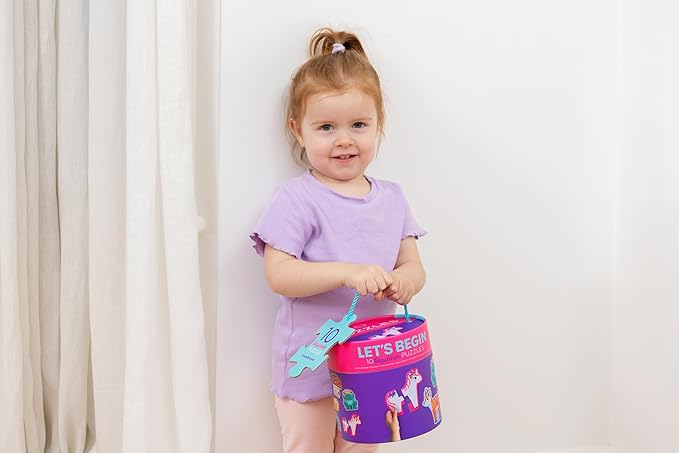 Crocodile Creek Let’s Begin Puzzle - Ten 2-Piece Beginner Puzzles for Ages 2 and Up - Heavy-Duty Storage Canister with Handle - Colorful Unicorns Design - Each Puzzle is 6" L x 4" H Finished