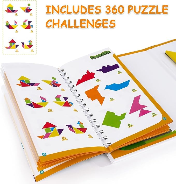 FOOZZILLA Magnetic Tangram Puzzle Set - 2 Sets of Magnetic Pattern Blocks for Road Trip Games and Educational Jigsaw Challenges - Brain-Teasing Fun for Kids and Adults with 368 Solutions