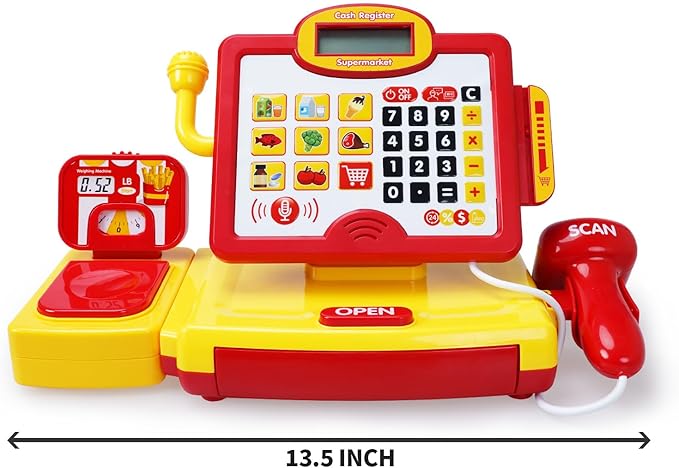 FS Toy Cash Register for Kids, with True Barcode Scanner & Calculator Toys, Pretend Play for Toddlers 3-5, Shopping Playset, Kids Cash Register with Credit Card for Boys and Girls