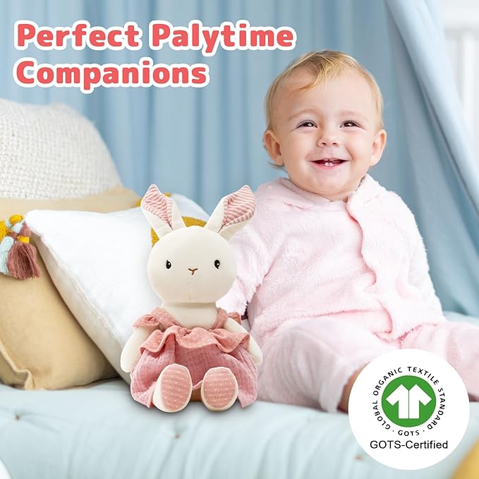 Bunny Stuffed Animal Organic Cotton Baby Plush Toys, 9" Easter Plush Bunny Soft Cuddly Toy for Babies and Toddlers