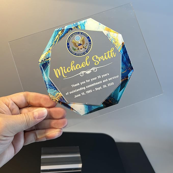 Custom Engraved Acrylic Employee Recognition Award – Personalized Appreciation Trophy for Corporate Excellence – Desk Display Plaque with Free Customization (Style #5)