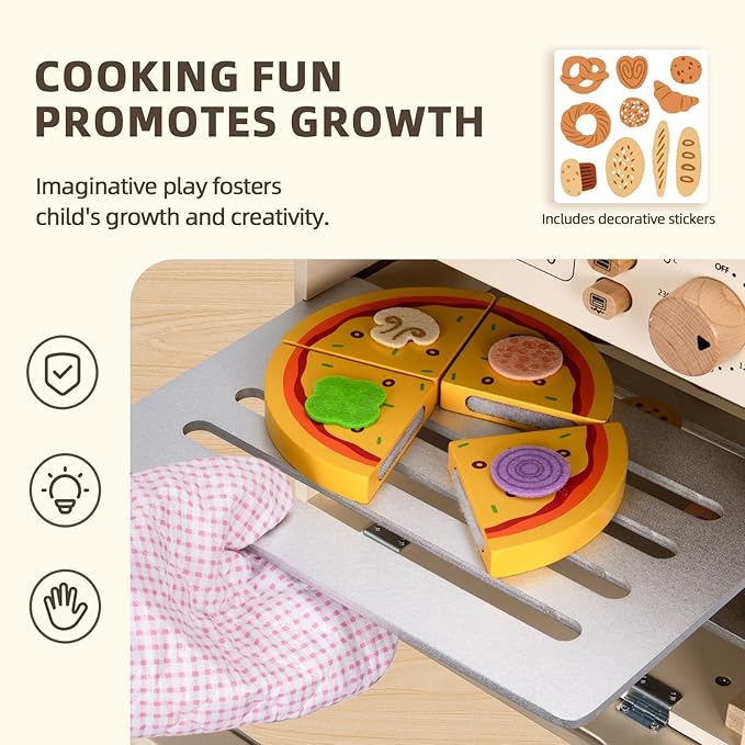 OOOK Wooden Kids Oven, Pretend Play Oven for Toddlers with DIY Stickers, Kitchen Play Set Accessories with Push-Pull Baking Tray. Ideal Choice for Boys and Girls Aged 3+