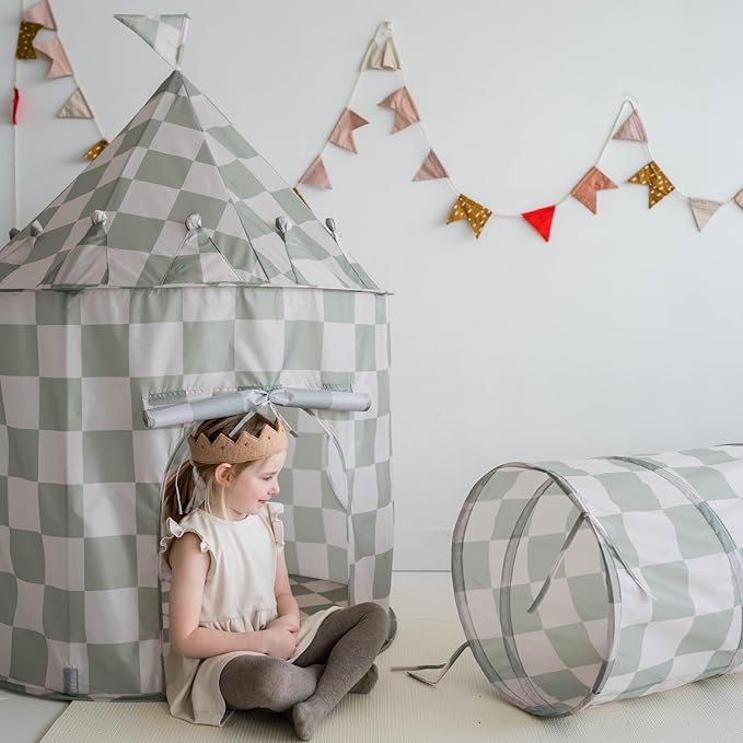 3 Sprouts Kids Play Tunnel - Pop Up Collapsible Tunnels with Recycled Fabric - Fun Crawling Tunnel for Toddler, Baby, Children to Crawl Through, Gross Motor Toy for Indoor Play - Checkered Green