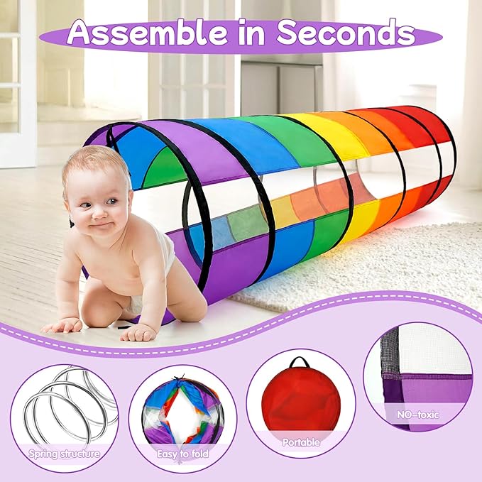 Kids Play Tunnel for Toddlers, Large 21" Colorful Rainbow Pop Up Crawl Through Tunnel Tent for Baby or Pet with Breathable Mesh, Indoor & Outdoor Kids Tunnel for Babies, Cat, Dog, Pets.