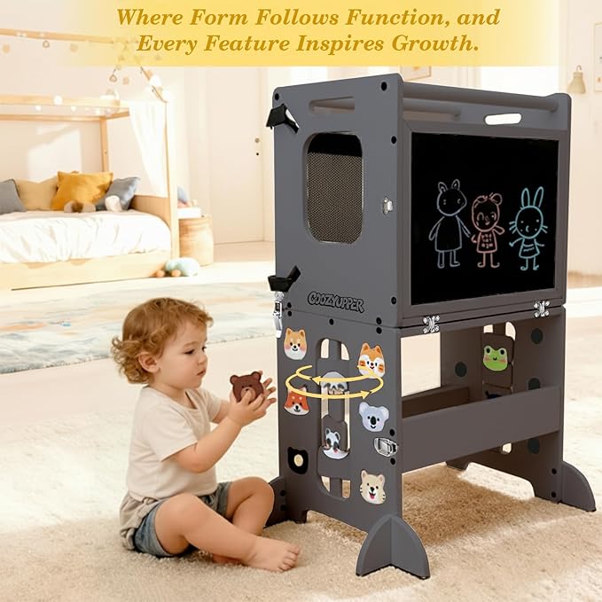 Toddler Kitchen Stool Helper, CPC Certified Foldable Toddler Tower, Learning Wooden Tower with Support Feet and Chalkboard, Anti-Drop Structure, Safe Design for Kids, Grey
