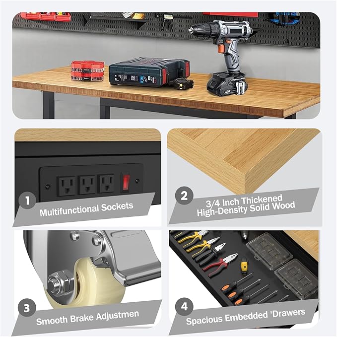 48" Adjustable Workbench,Heavy-Duty Work Table,3000 LBS Load Capacity Hardwood Workstation Outlets with Power Strips, Drawers and Wheels,for Workshop, Garage