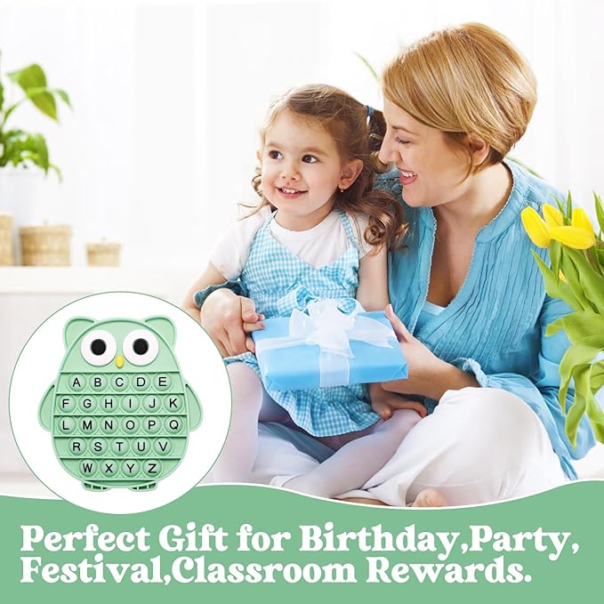 Fidget Toys for Kids, Owl Shaped Silicone Squeeze Sensory Toys, Alphabet Bubble Stress Anxiety Relief Relax Tools for Kids Adults School Classroom Gift Party Favors (Green)
