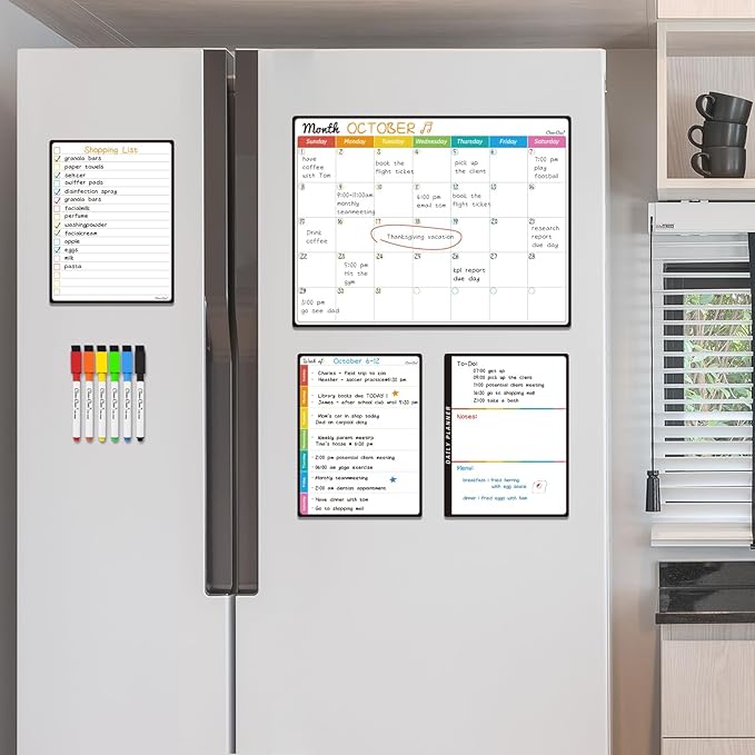Magnetic Dry Erase Monthly Calendar Set - 14.5"x11" Monthly Calendar, 6.5"x8.5" Weekly, Daily, List Boards for Fridge - 6 Extra Fine Point Markers Included - Shipped Flat