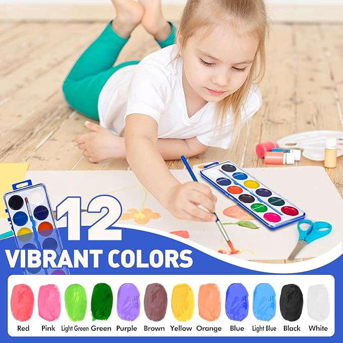 12 Pack Watercolor Paint Set for Kids, 12 Colors Water color paint sets for kids with Paint Brush, Kids Watercolors Paint Set for Party Favor, Classroom.