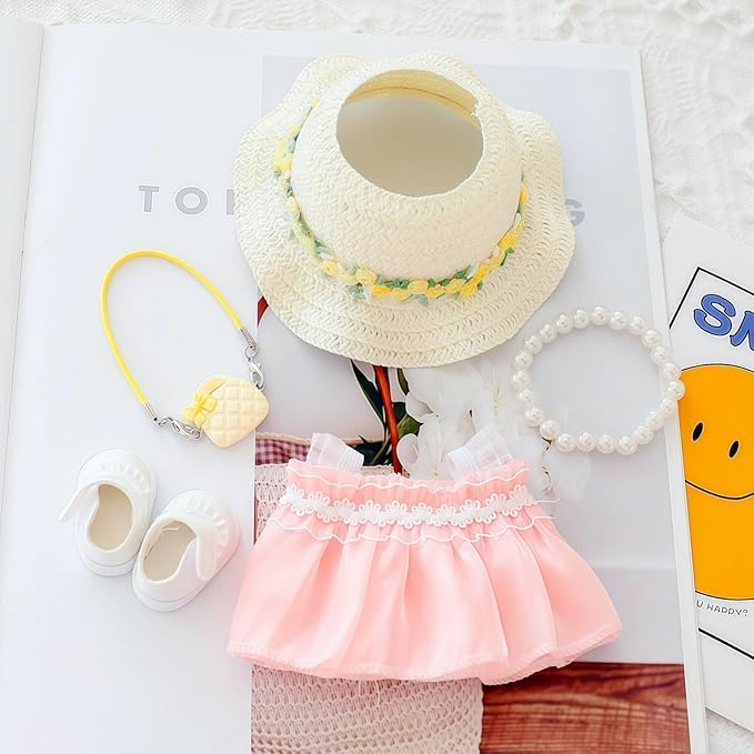 Clothes for Dolls Accessories, Outfit Set 5 Pieces Gauze Dress for 15cm 17cm Doll (No Doll), Romantic Hat Skirt Shoes Doll Clothing Set Replacement Pink