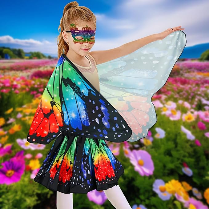 Butterfly Costume for Girls Fairy Wings Kids 4 Pcs(Cape,Skirts,Masks,Hair Clips) Butterfly Wings for Halloween Gifts