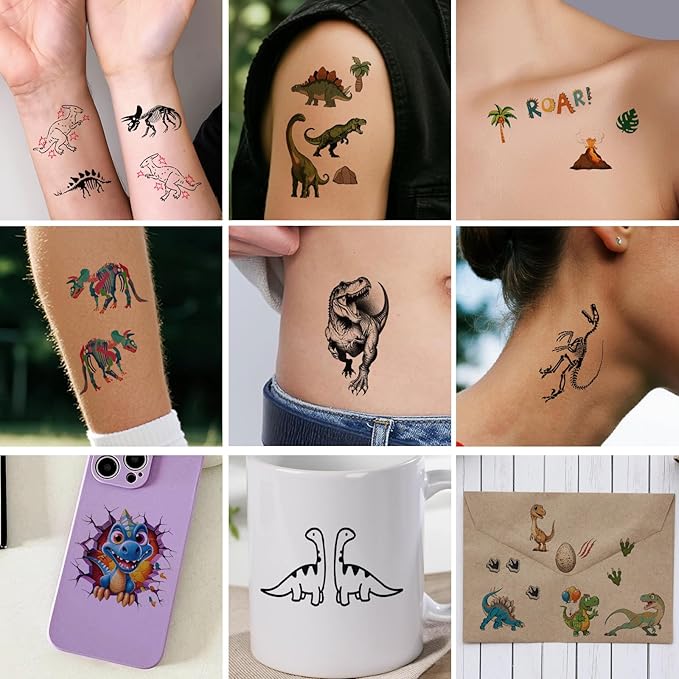 77PCS Dinosaur Temporary Tattoos for Kids Teens, 17PCS Half Sleeve Tyrannosaurus T-Rex Triceratops Pterosaur Kids Temporary Tattoos, 60PCS Raptor Fake Tattoos Stickers Cosplay Birthday Party Supplies