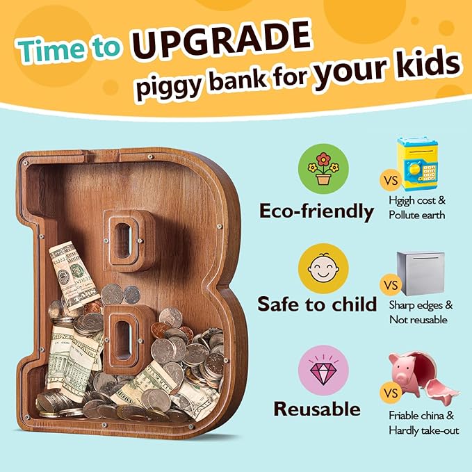 Summidate Large Wooden Piggy Bank for Kids Adults, Alphabets Letter A-Z Piggy Bank for Boys Girls, Coins Bills Change Bank Box Personalized Initial Name Kids Money Bank for Birthday Present and Decor