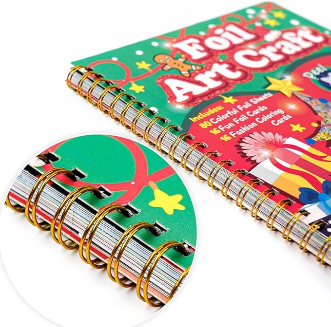 Fun & Mess-Free Foil Art Kit for Kids – 80 Foil Sheets & 32 Art Cards, No Glue Needed, Creative Craft Gift for Christmas Halloween Holiday Birthday（Christmas Version）